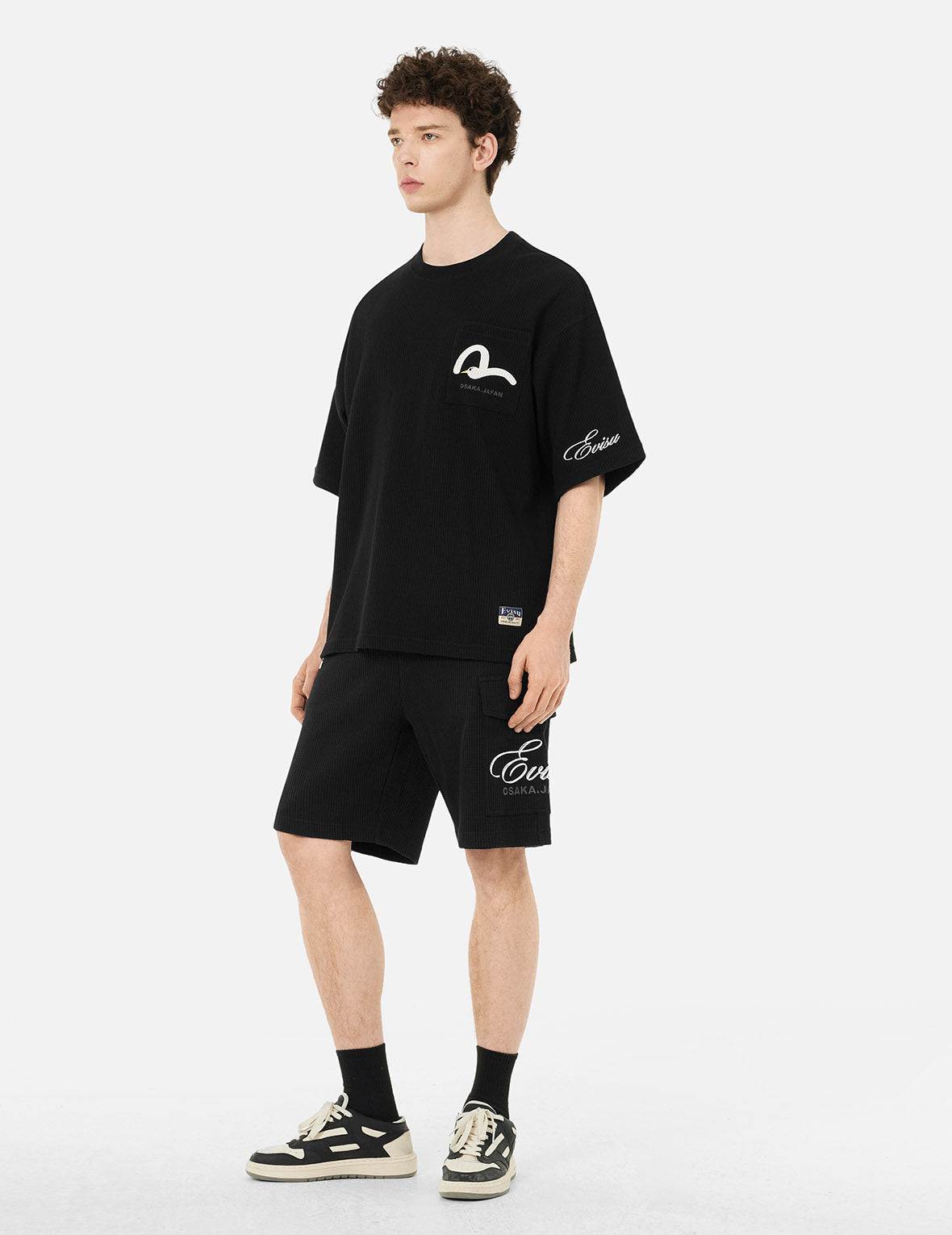 Seagull and Logo Embroidery Oversized Short-Sleeve Waffle Sweatshirt