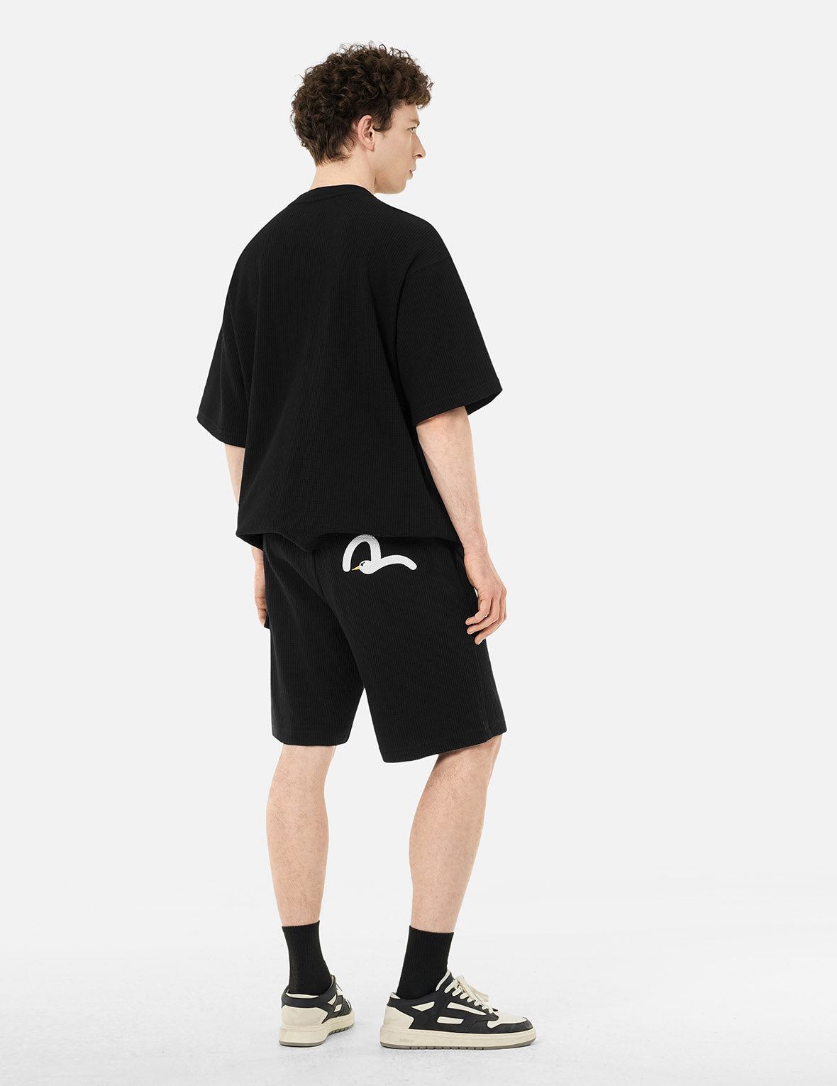 Seagull and Logo Embroidery Oversized Short-Sleeve Waffle Sweatshirt