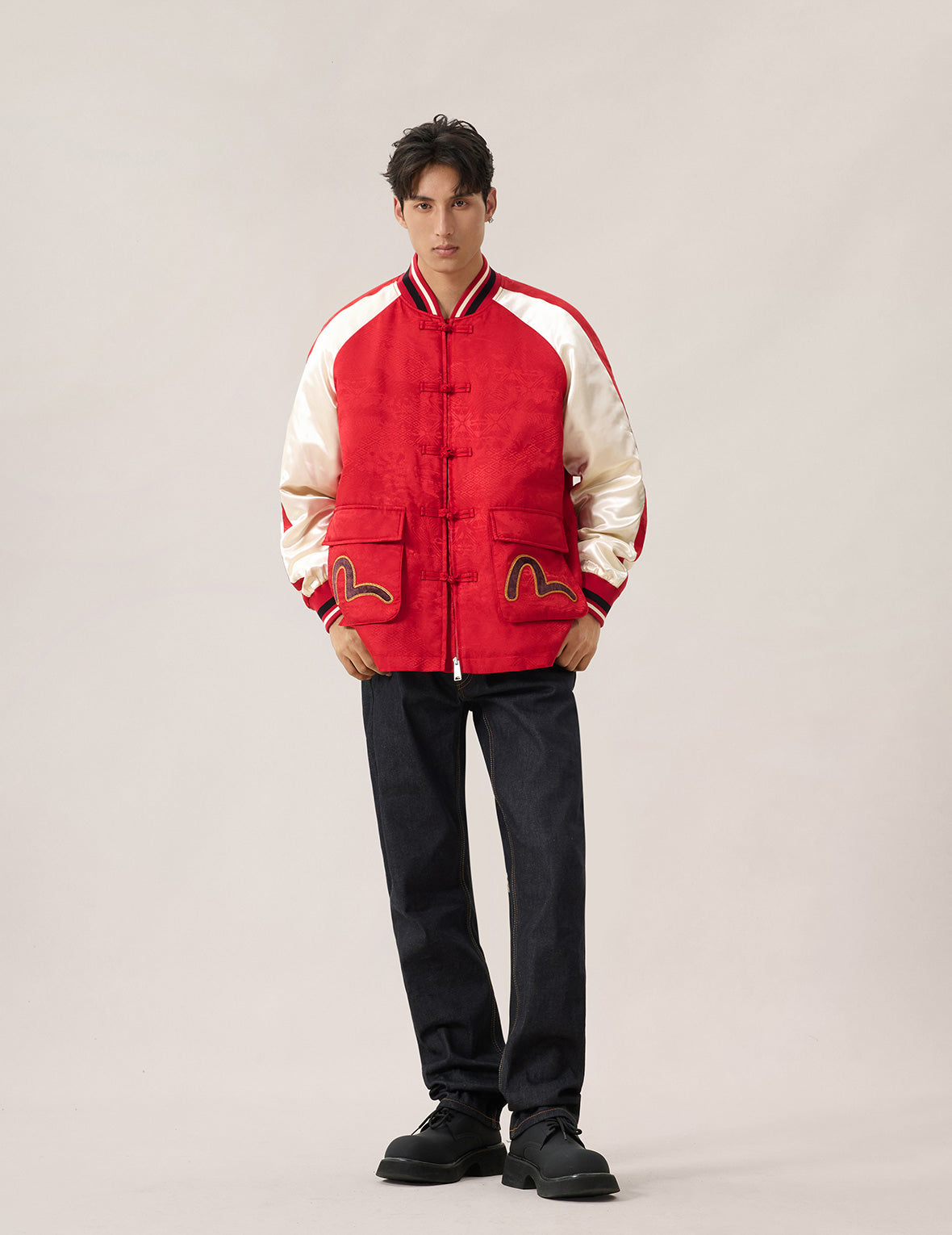 Allover Jacquard Padded Chinese Jacket - Red