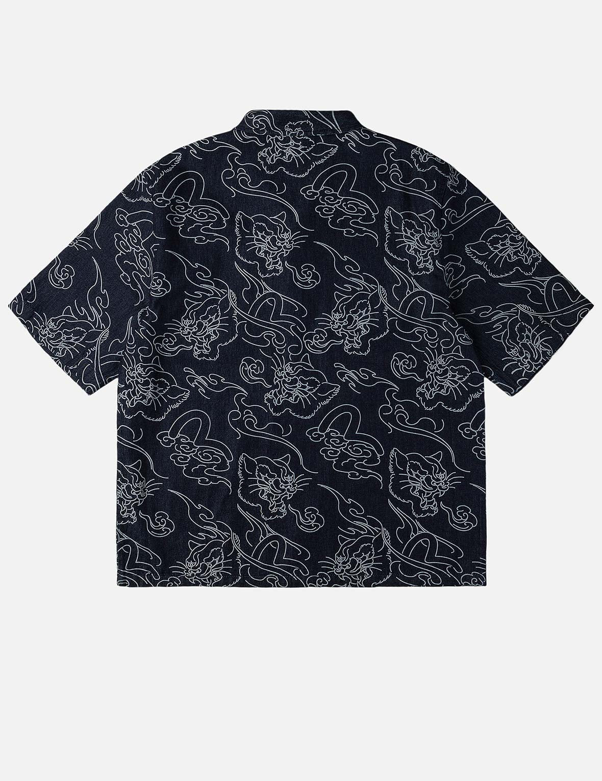 Allover Leopard and Cloud Print Denim Shirt