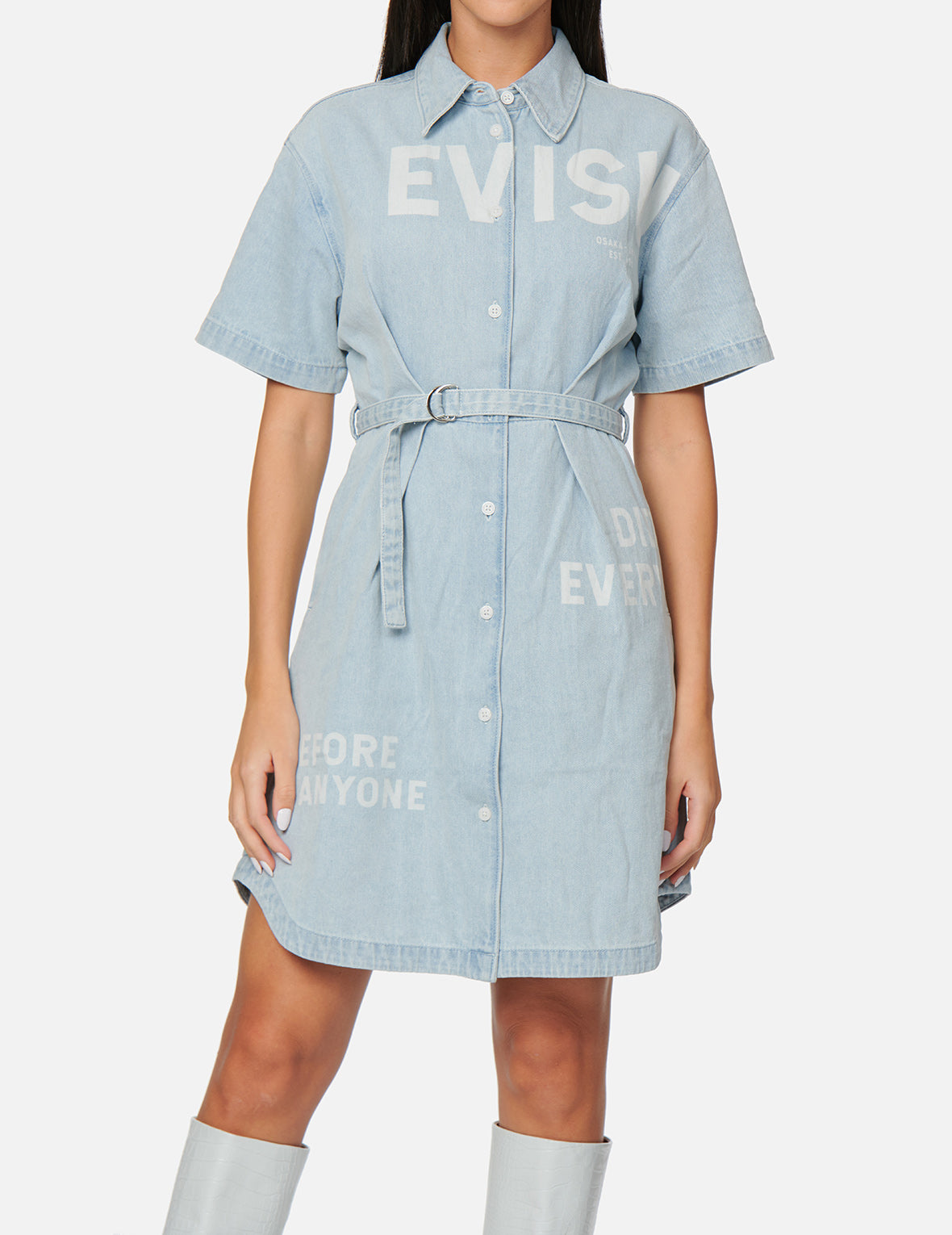 Logo Discharged Print Denim Shirt Dress