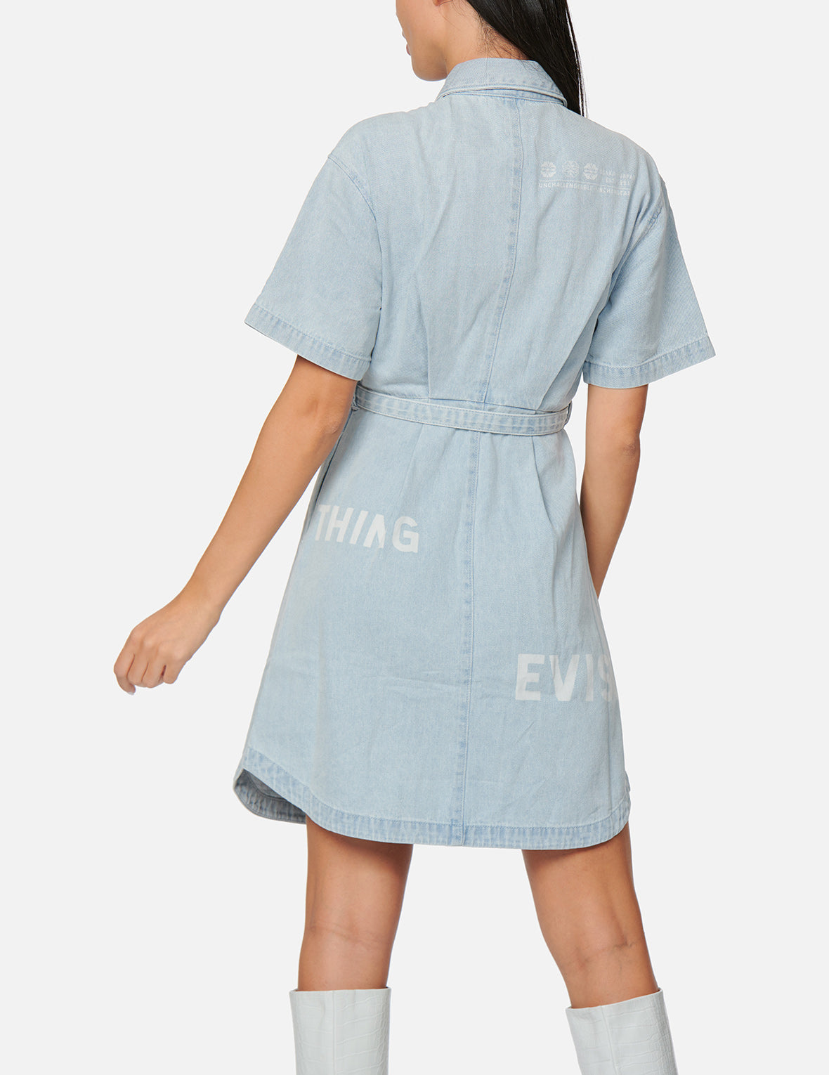 Logo Discharged Print Denim Shirt Dress