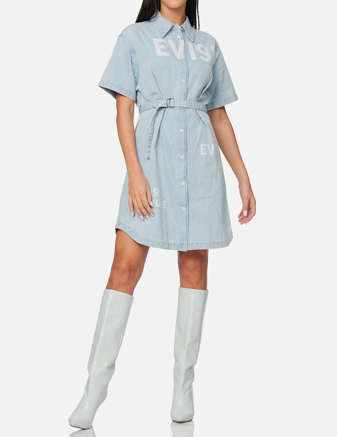 Logo Discharged Print Denim Shirt Dress