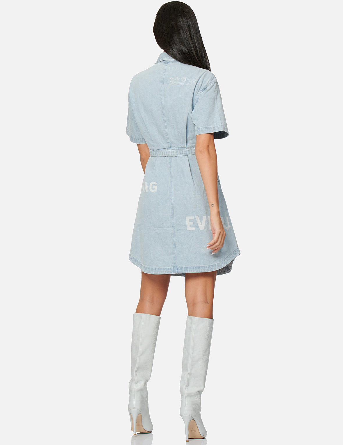 Logo Discharged Print Denim Shirt Dress