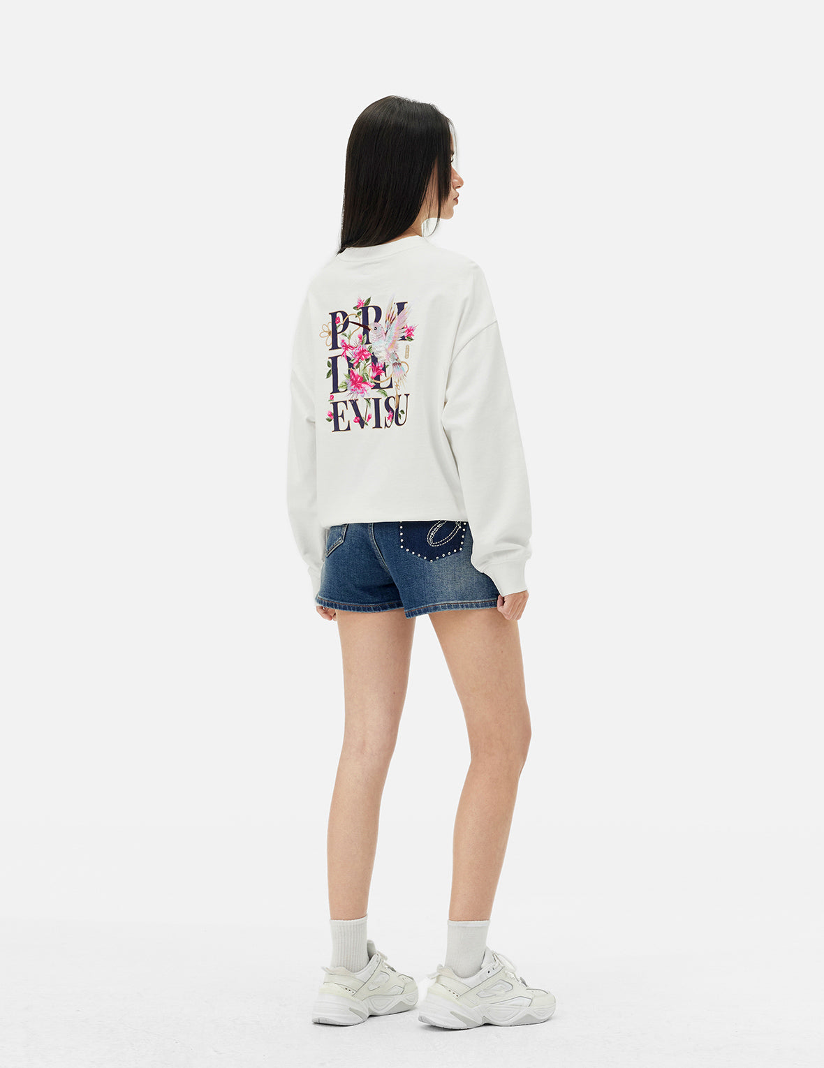 “EV” Rhinestone Embellished Loose Fit Denim Shorts