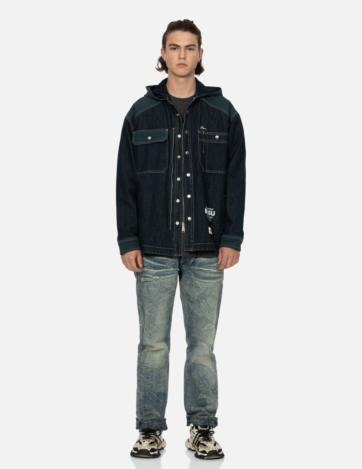 Logo Print Loose Fit Hooded Denim Shirt Jacket
