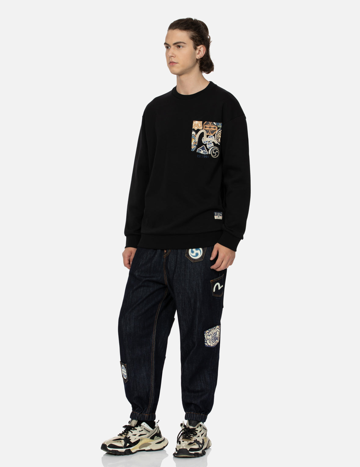 Seagull Embroidery with Kamon Print Pocket Relax Fit Sweatshirt