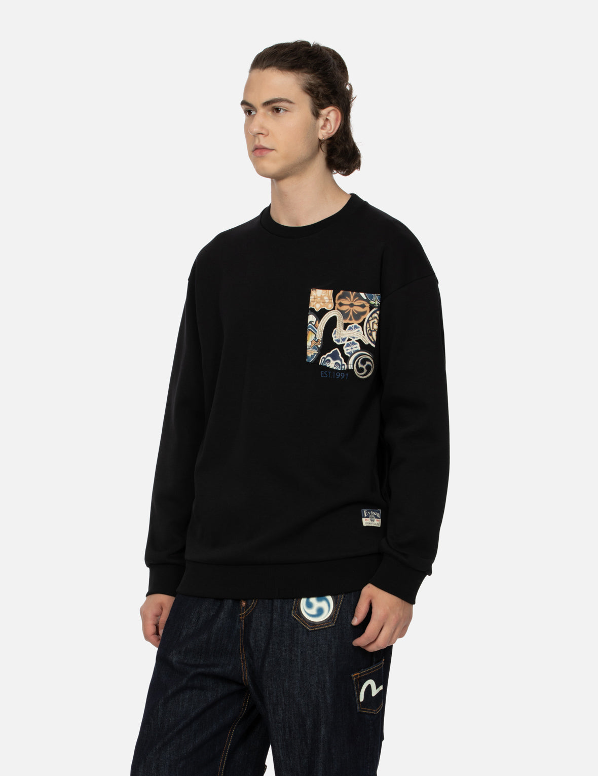 Seagull Embroidery with Kamon Print Pocket Relax Fit Sweatshirt