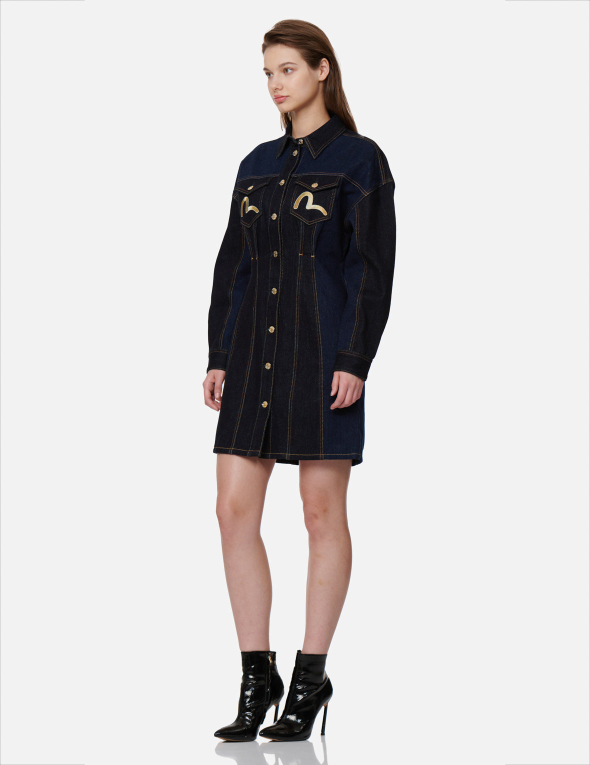 Seagull and Kamon Embroidery Denim Blocking Dress