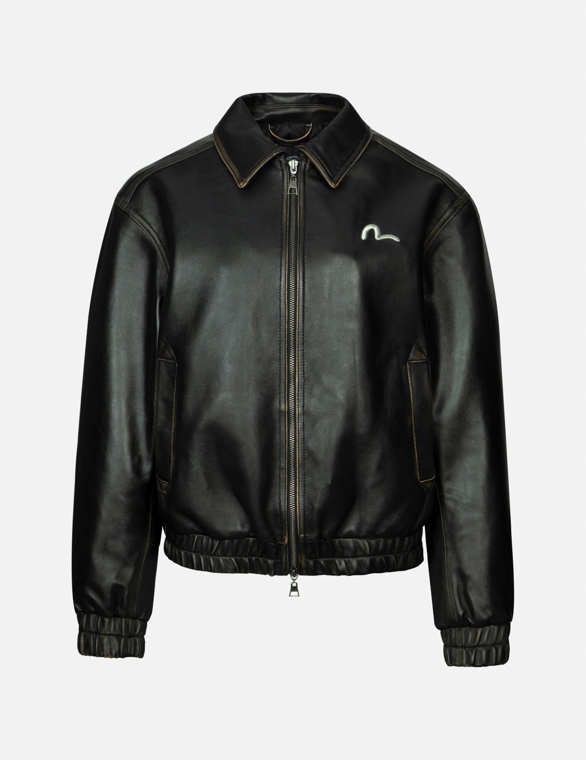 Seagull Embroidery and Logo Appliqué Fashion Fit Leather Jacket
