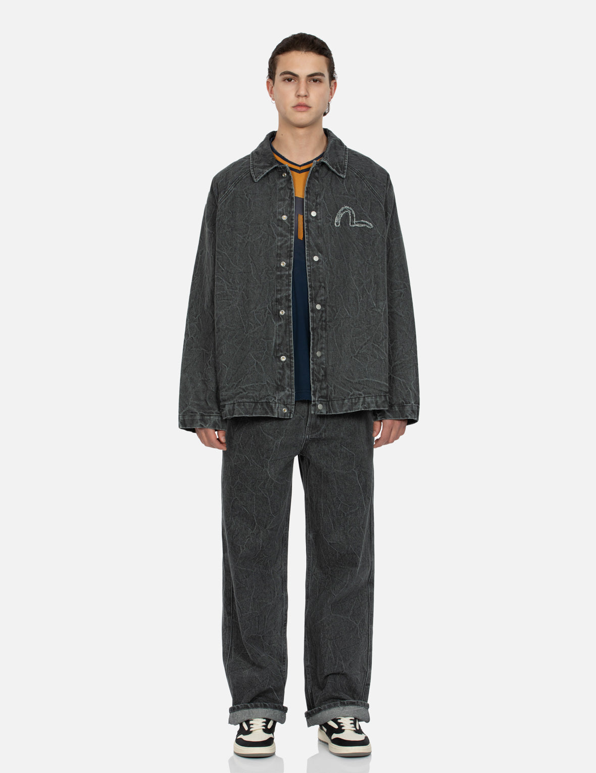 Seagull and Slogan Embroidery Oversized Denim Coach Jacket