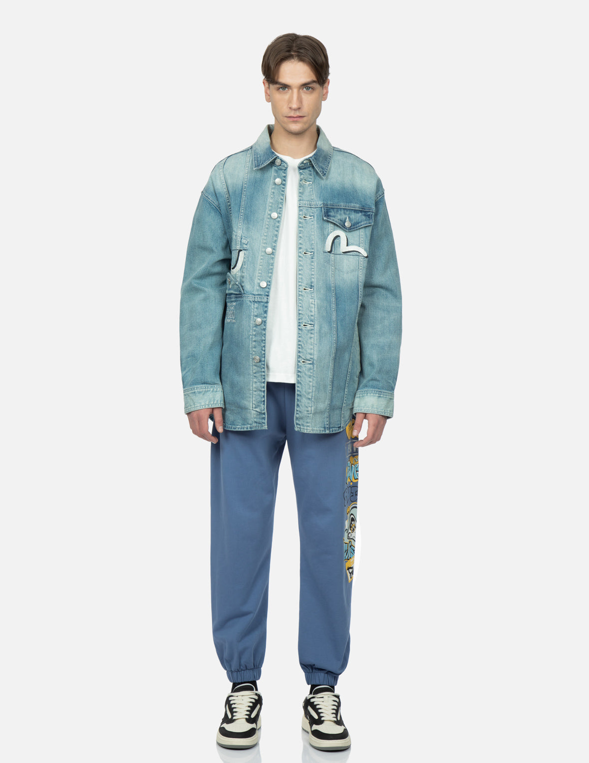 Graffiti Darma Grid Graphic Print Denim Shirt Jacket