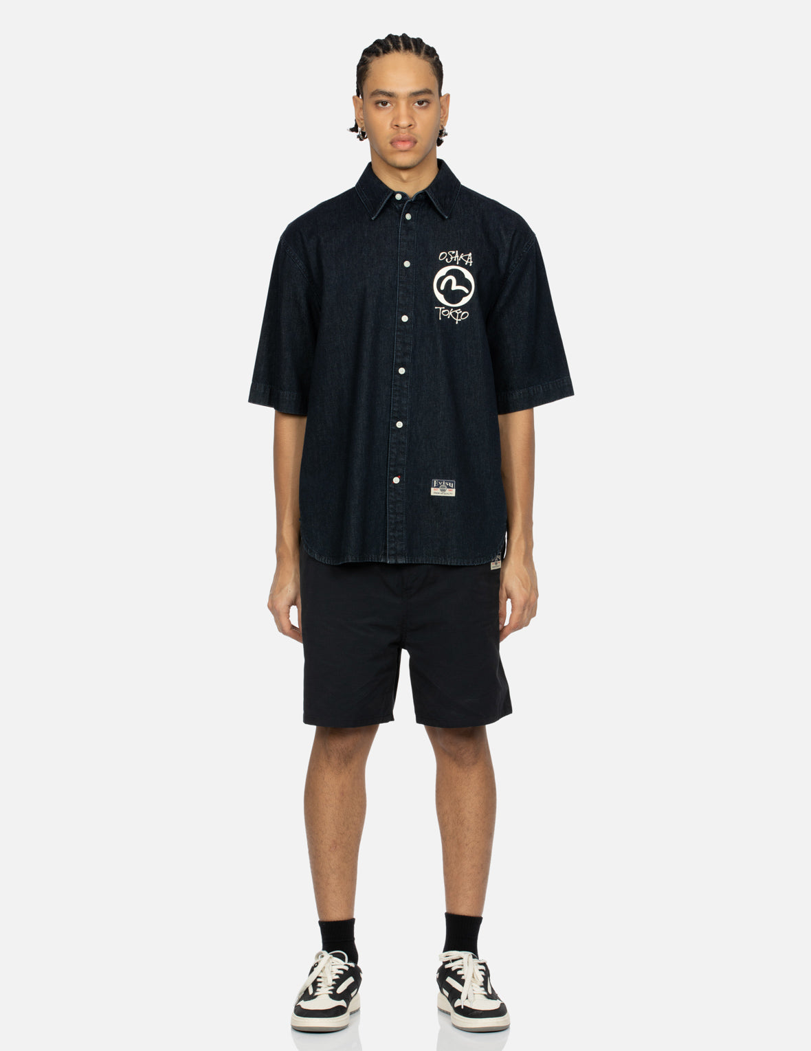 Kamon and Logo Print Oversized Denim Short-Sleeves Shirt
