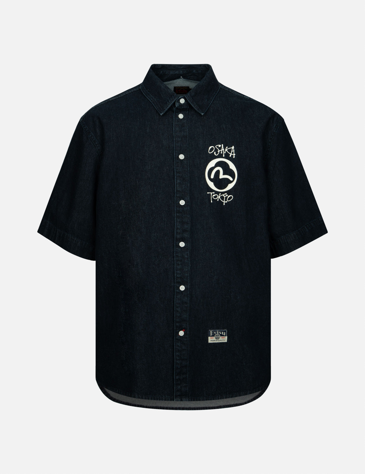 Kamon and Logo Print Oversized Denim Short-Sleeves Shirt