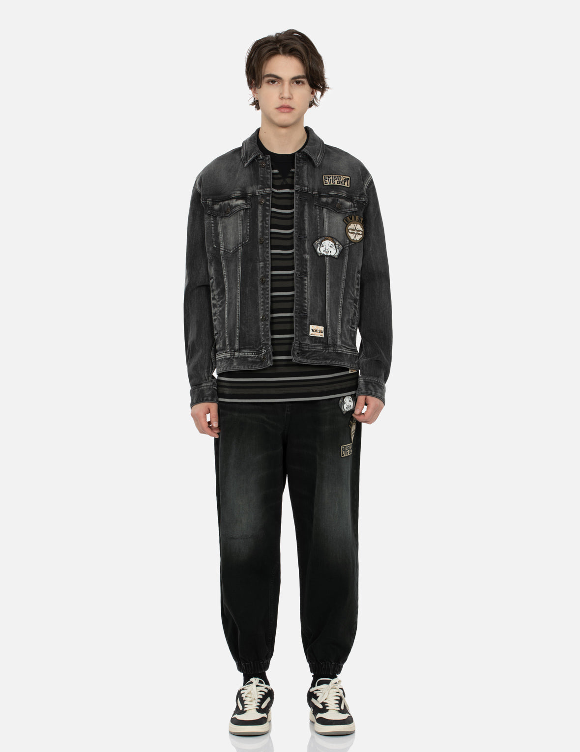 Washed Multiple Badges and Brushstroke Daicock Print Relax Fit Denim Jacket
