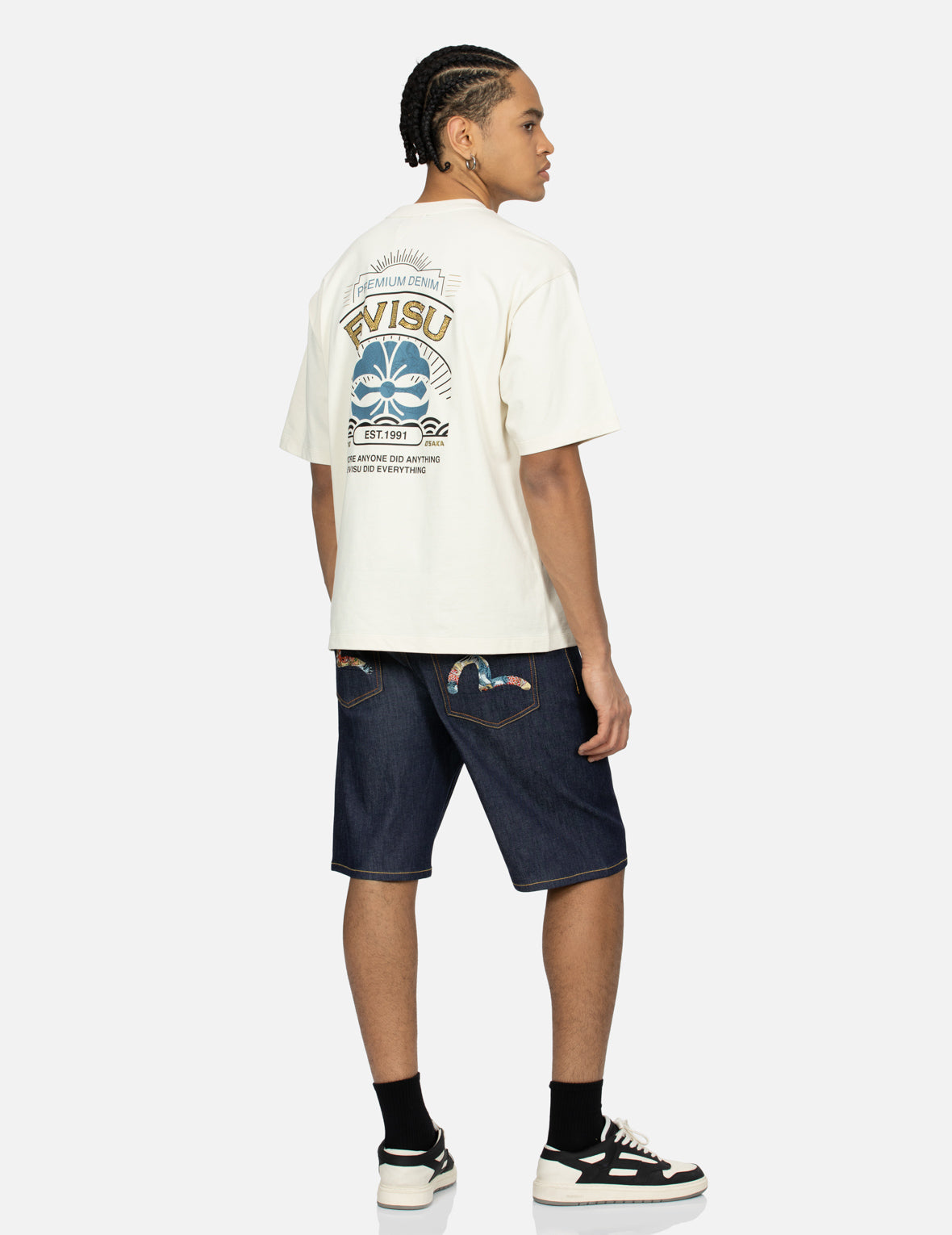 The Great Wave and Koi Seagull Embroidery Relax Fit Denim Shorts
