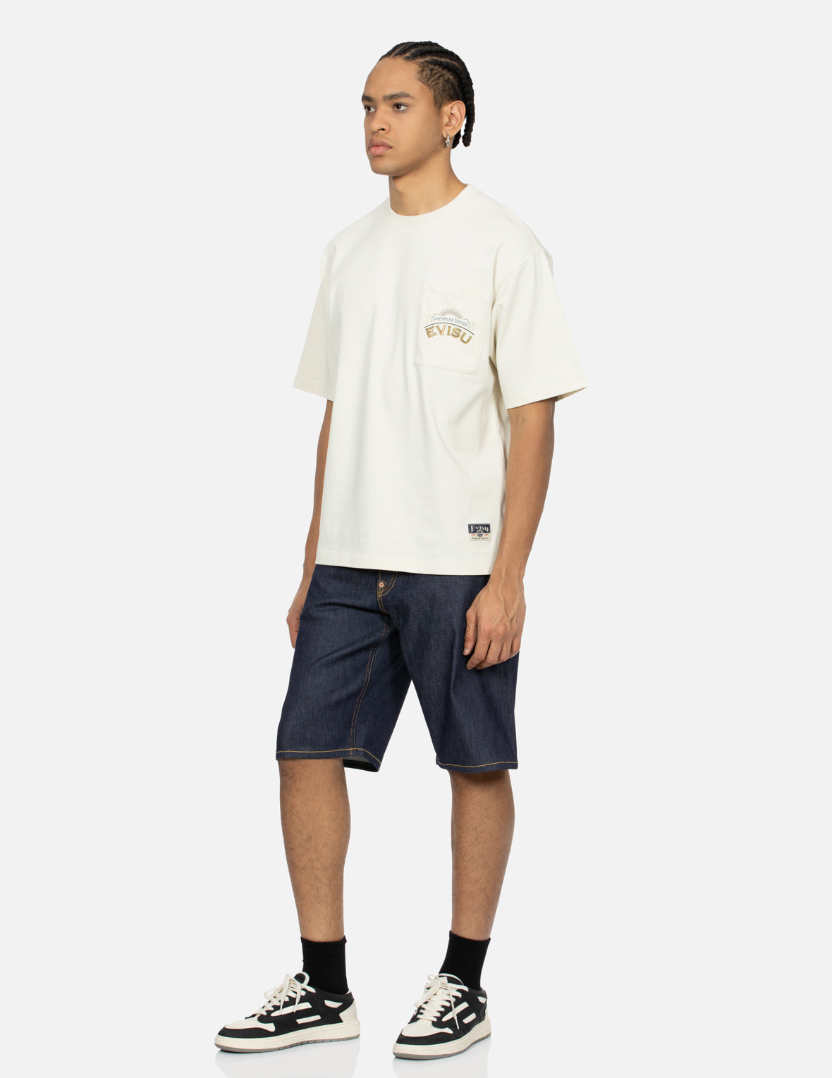 The Great Wave and Koi Seagull Embroidery Relax Fit Denim Shorts