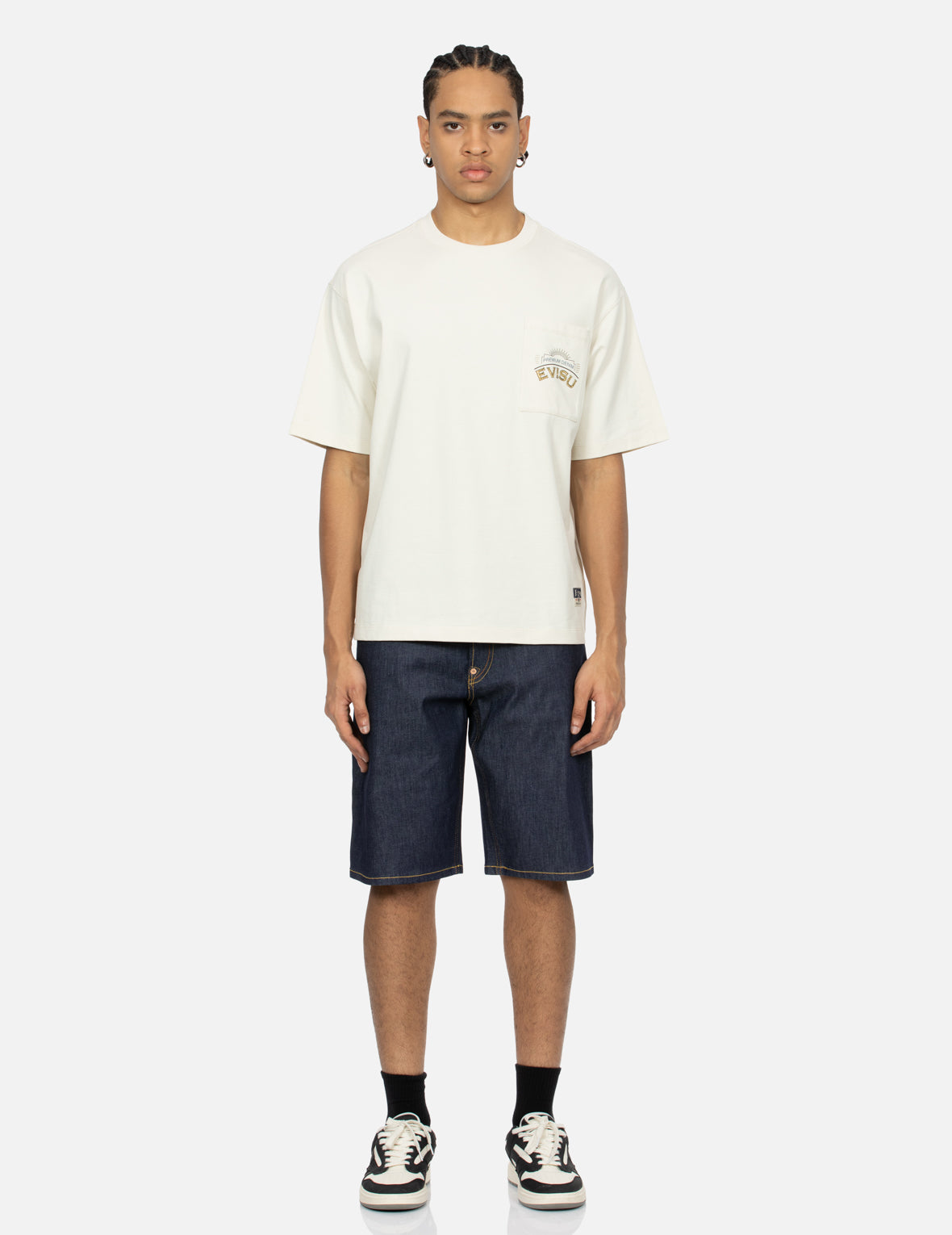 The Great Wave and Koi Seagull Embroidery Relax Fit Denim Shorts