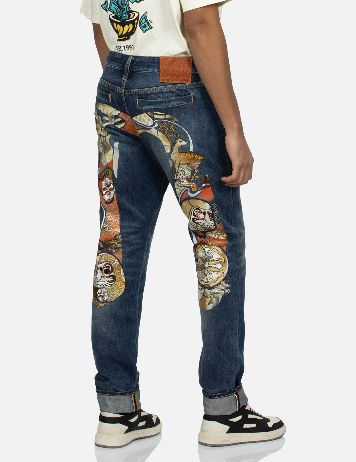 Hanafuda Daruma Daicock Embroidery Taper Fit Denim Jeans #2017