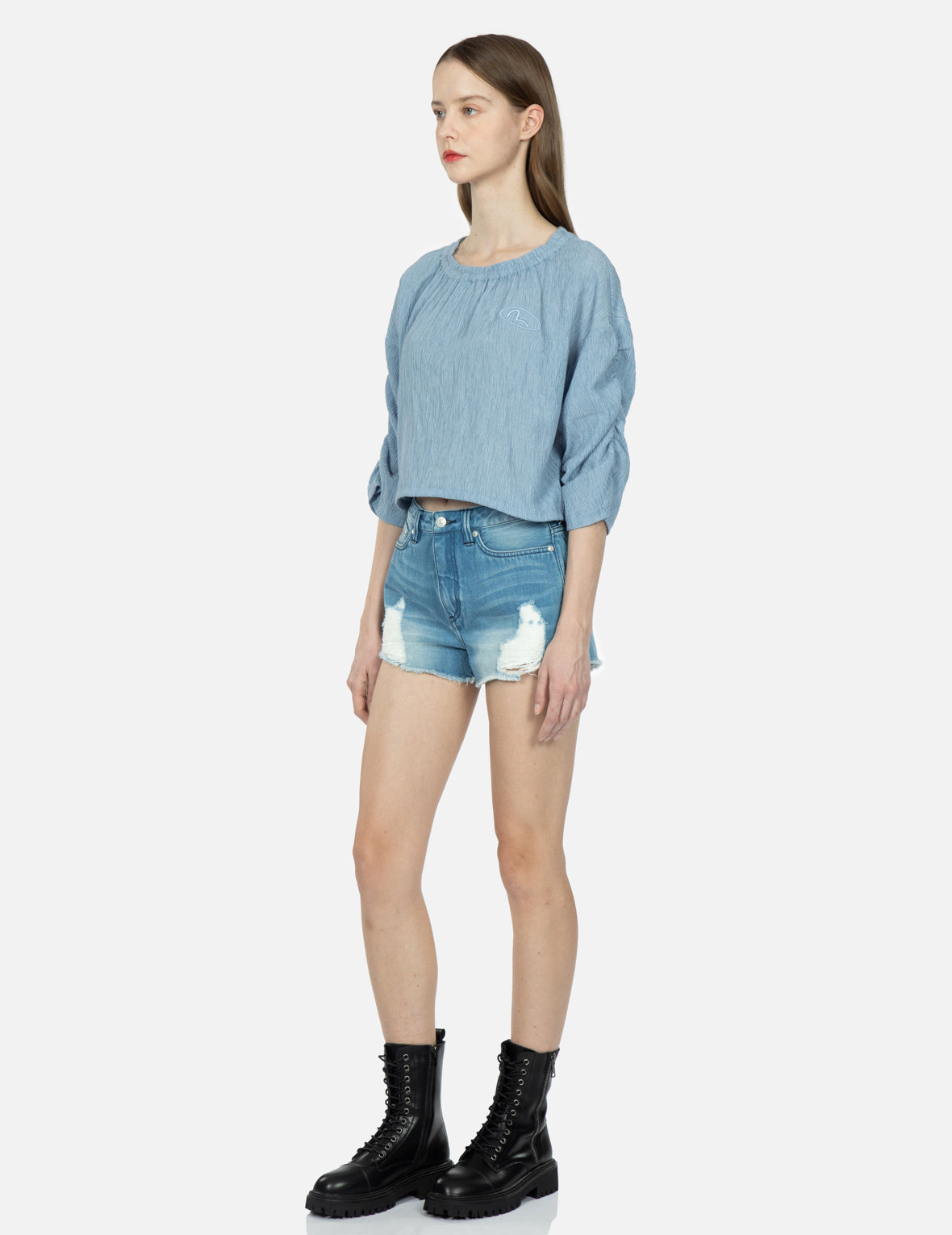 Seagull Badge Embroidery Drop-Shoulder Blouse