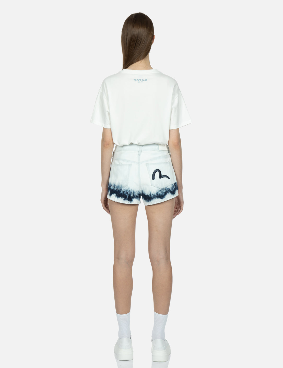 Seagull Embroidery Bleach Tie-dye Denim Shorts