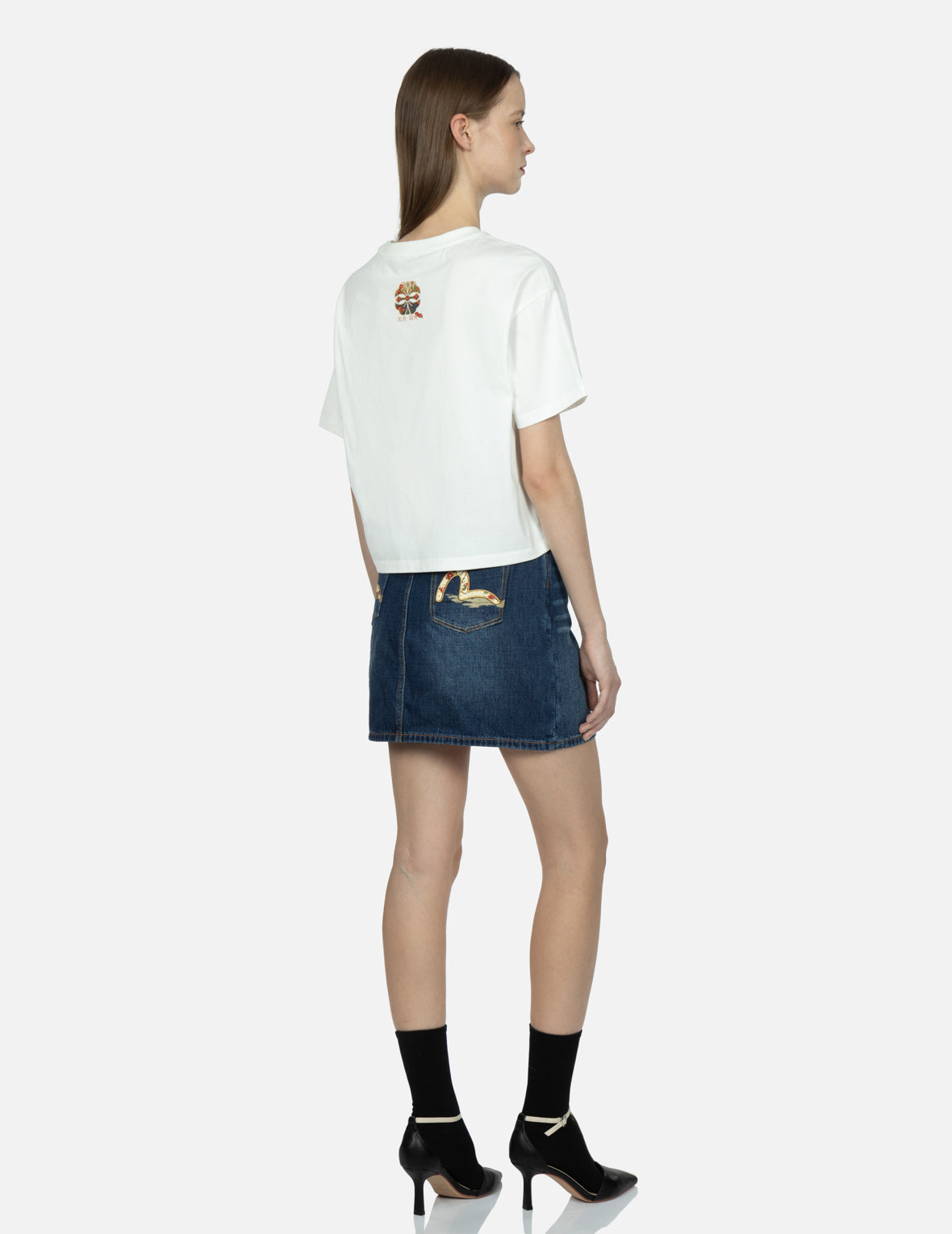 Tsubaki-pattern Seagull Embroidery Denim Skirt