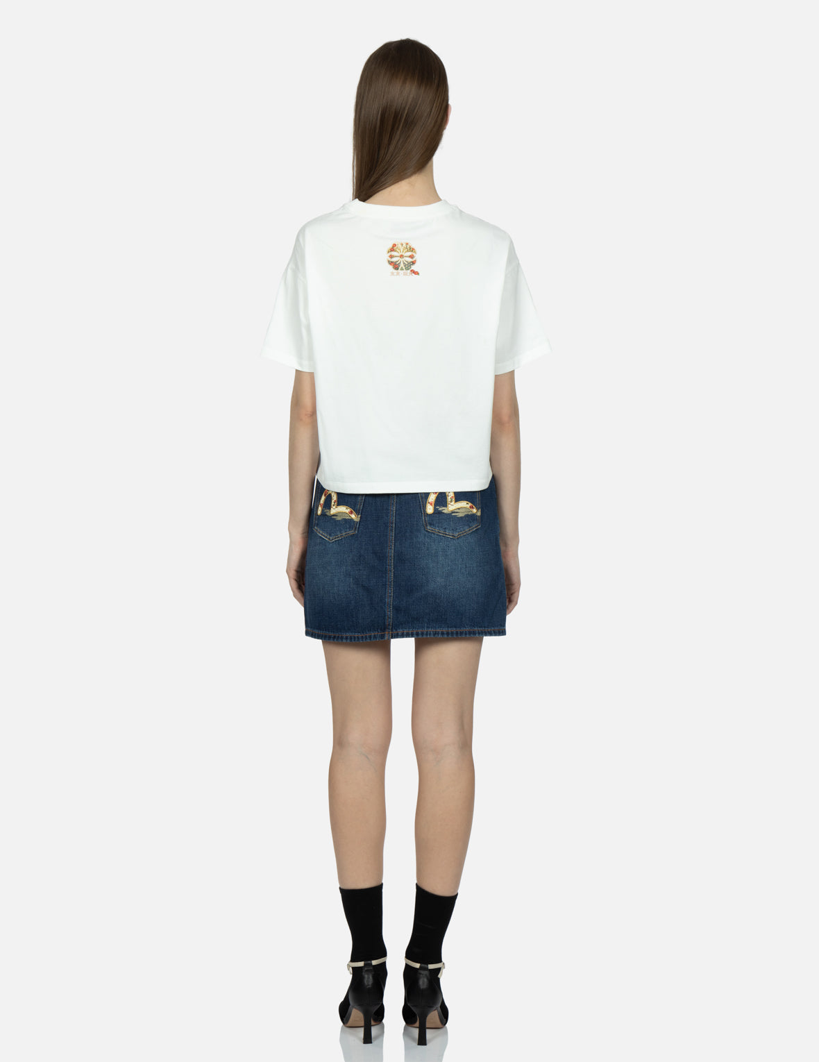 Tsubaki-pattern Seagull Embroidery Denim Skirt