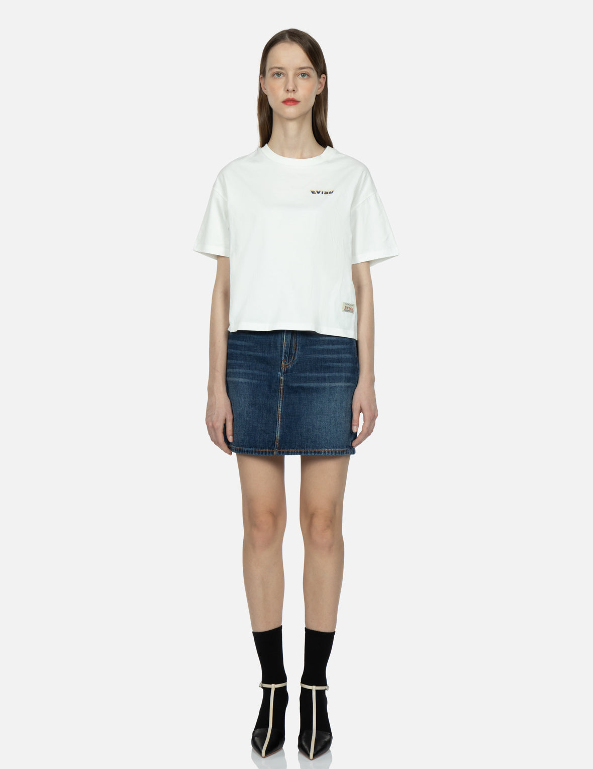 Tsubaki-pattern Seagull Embroidery Denim Skirt