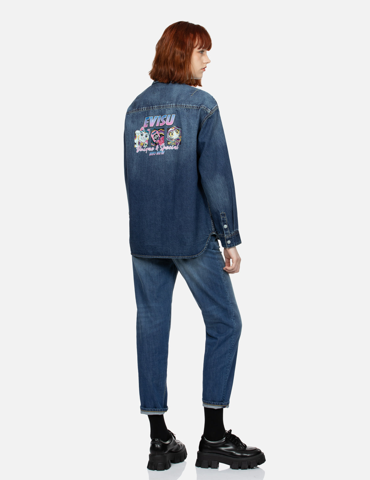 Logo Embossed Pocket and Multi-Print Boyfriend Denim Shirt