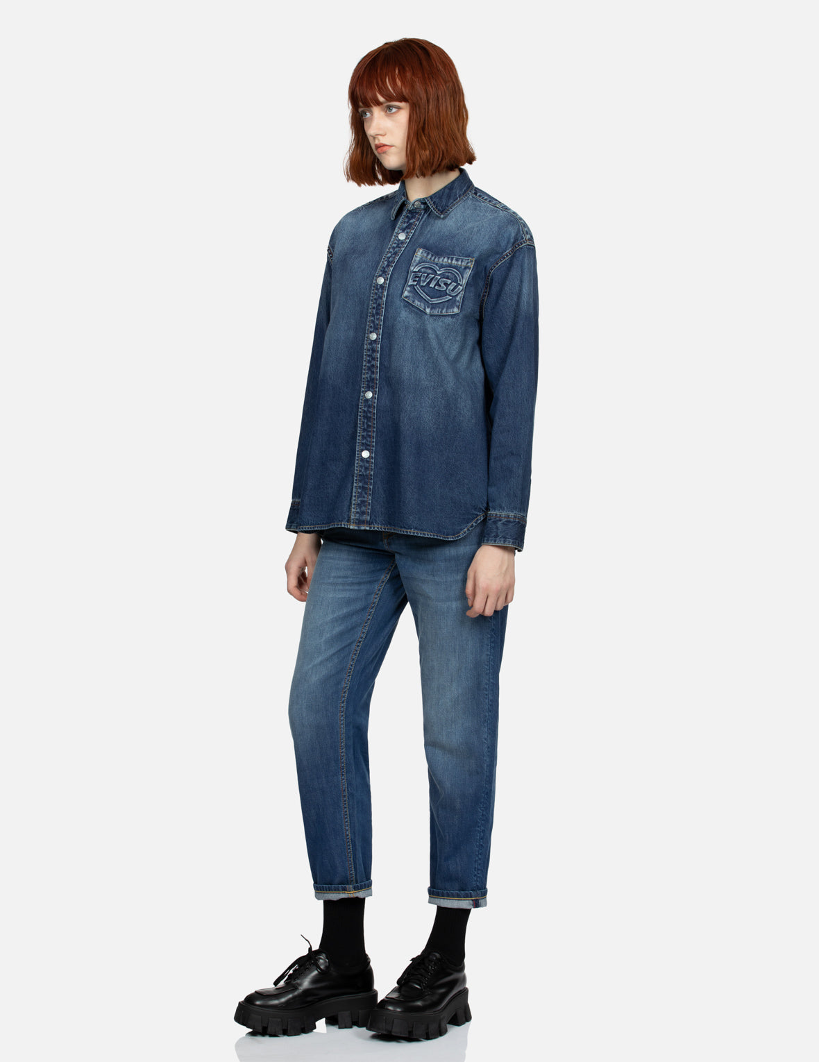 Logo Embossed Pocket and Multi-Print Boyfriend Denim Shirt