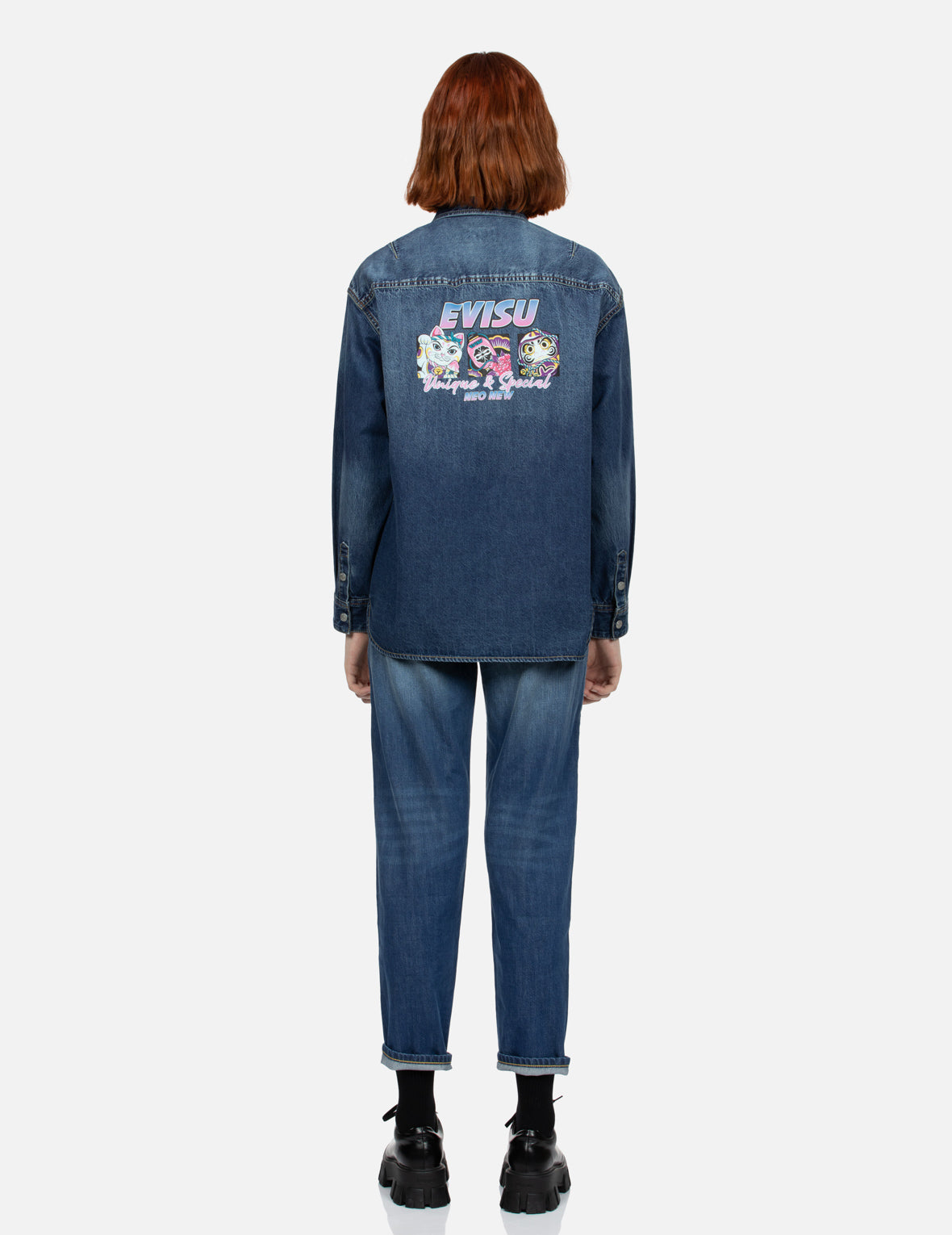 Logo Embossed Pocket and Multi-Print Boyfriend Denim Shirt