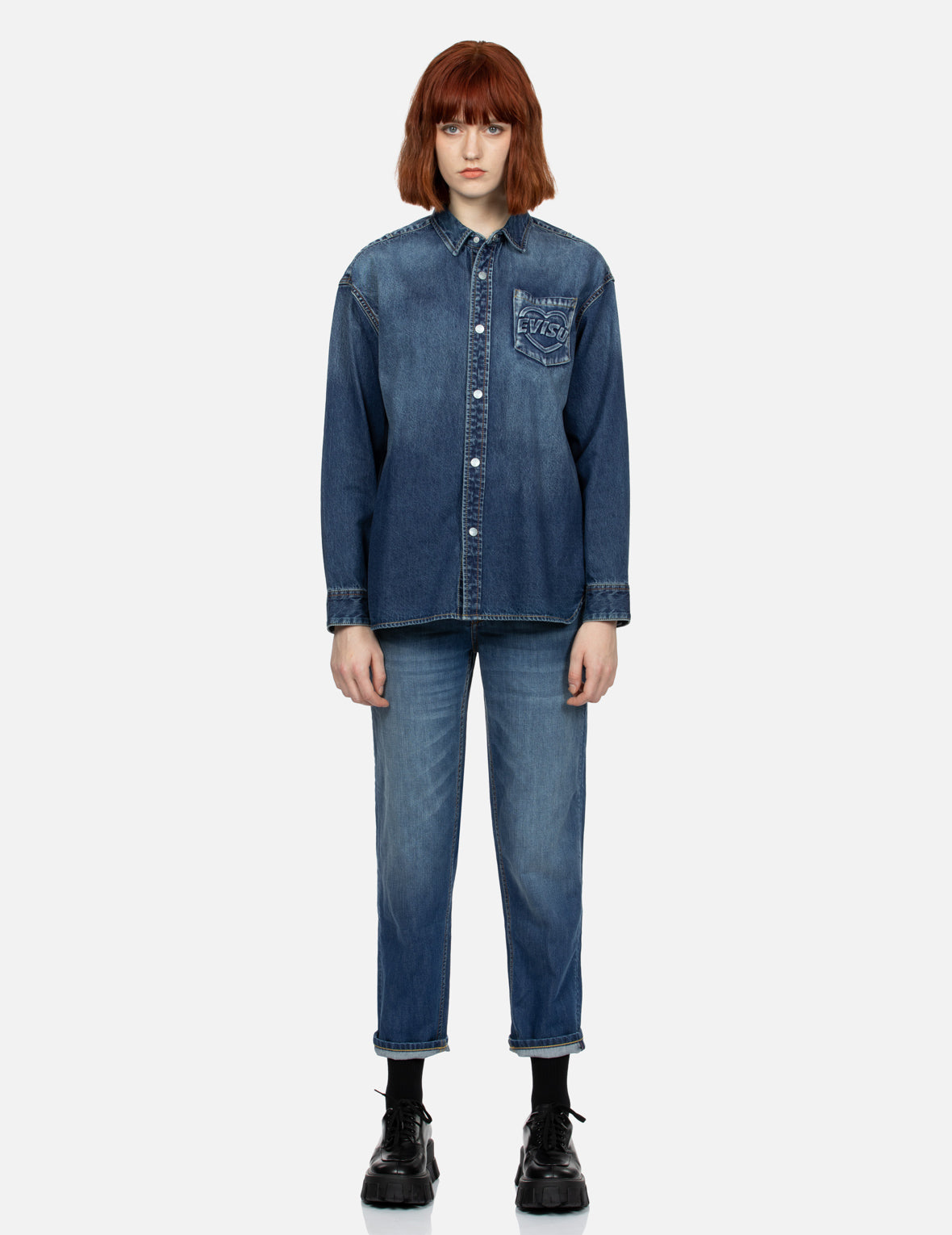 Logo Embossed Pocket and Multi-Print Boyfriend Denim Shirt
