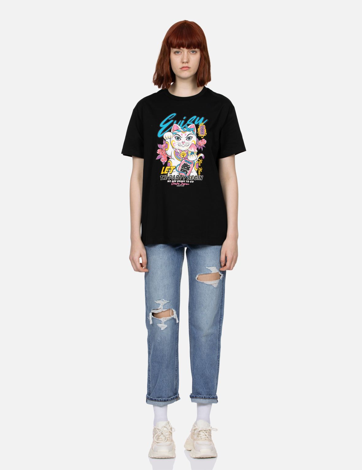 Fortune Cat and Floral Print Boyfriend T-shirt
