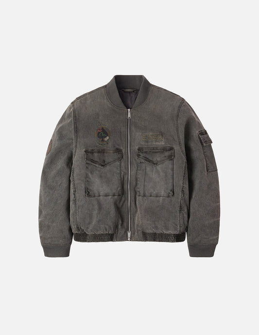 Heavy Washed Multi Logo Badges Print Regular Fit Padded Bomber Jacket