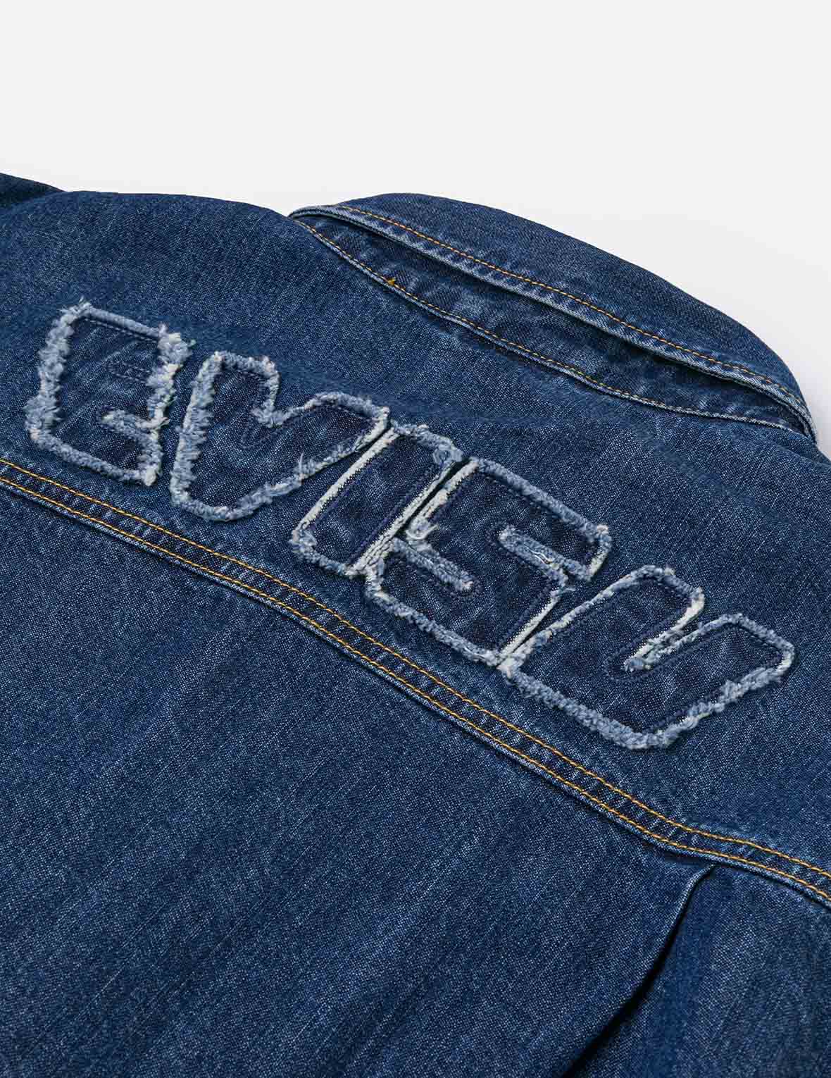 Distressed Logo Appliqué Embroidery Relax Fit Denim Shirt