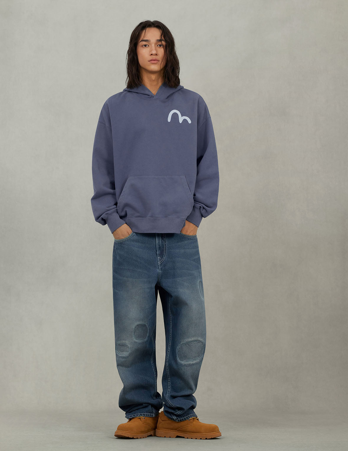 Distressed Seagull Print with Irregular Patches Loose Fit Denim Jeans