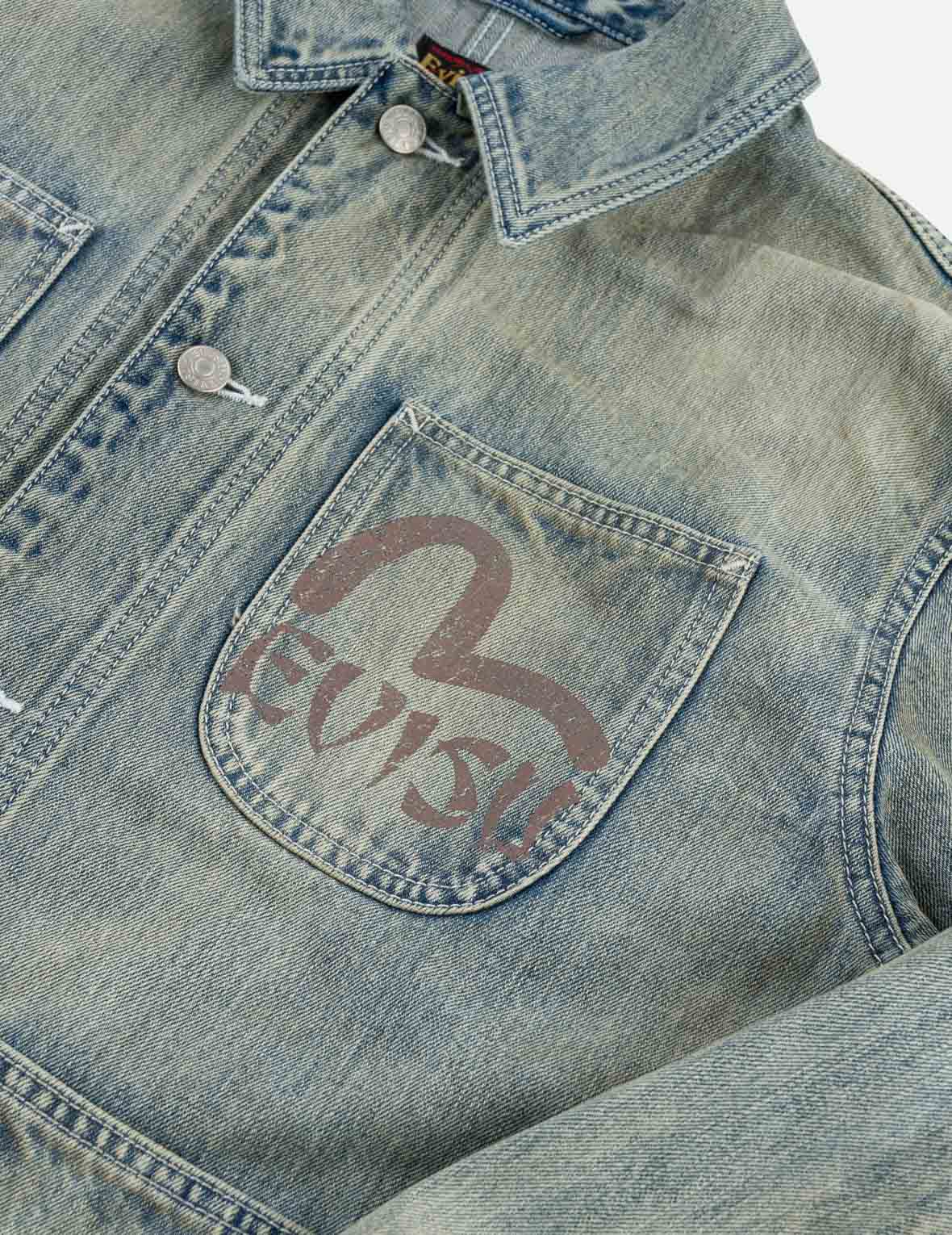 Heart Cowgirl Print Vintage Washed Denim Chore Jacket