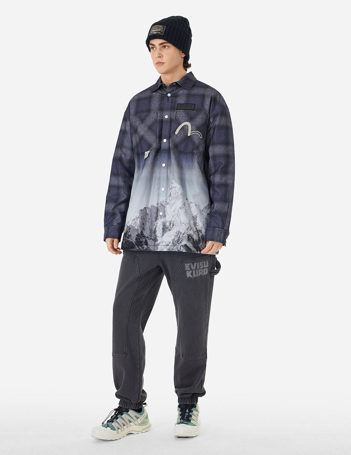 Flannel Check with Snow Mountian Print Relax Fit Shirt Jacket