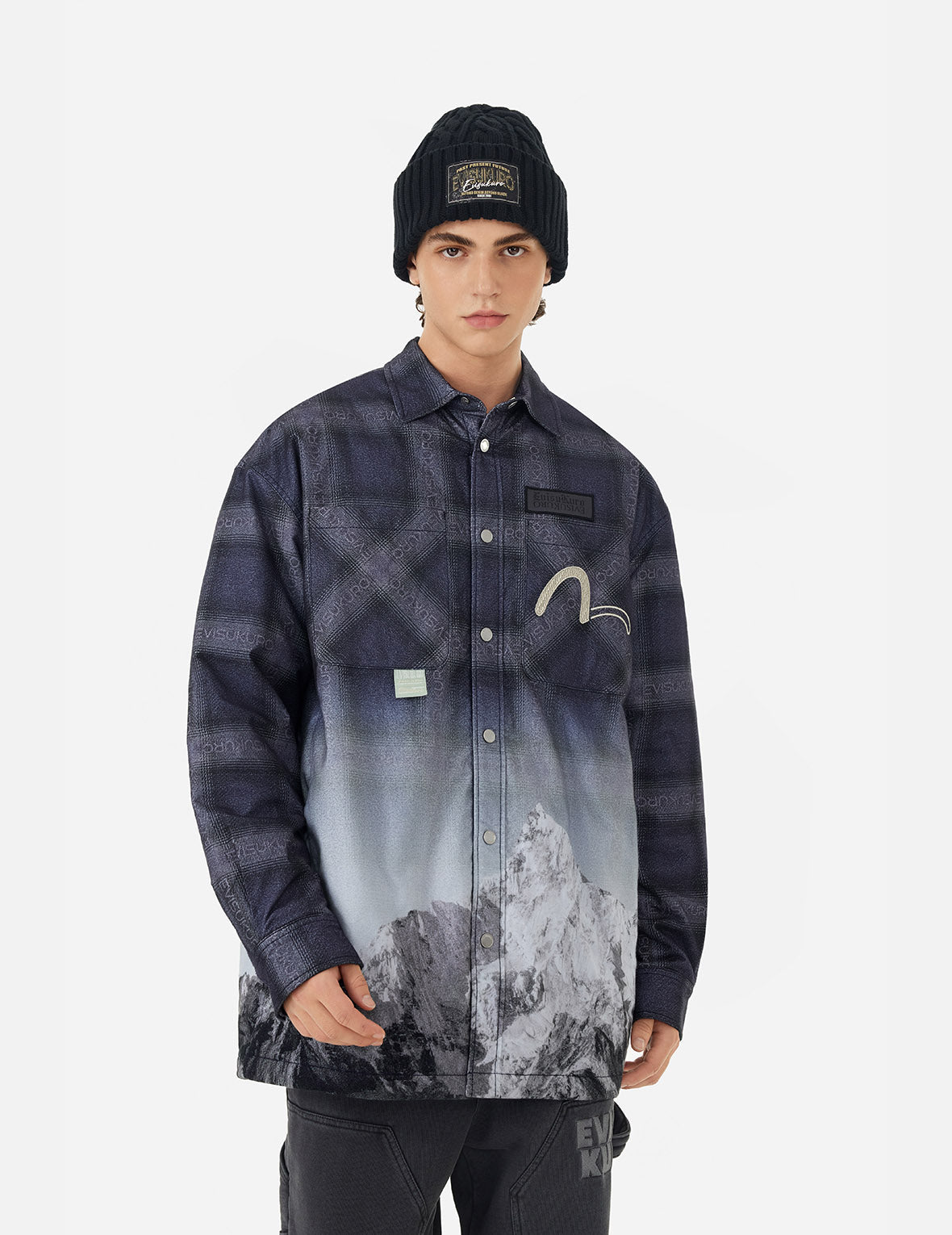 Flannel Check with Snow Mountian Print Relax Fit Shirt Jacket