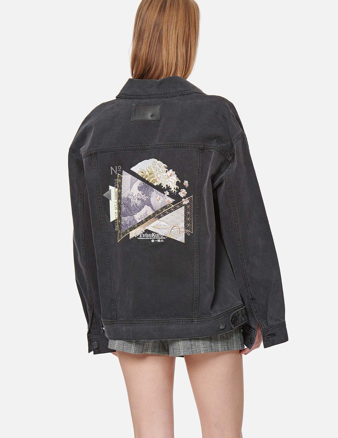 Kamon and Sashiko Geometric Embroidered Denim Jacket