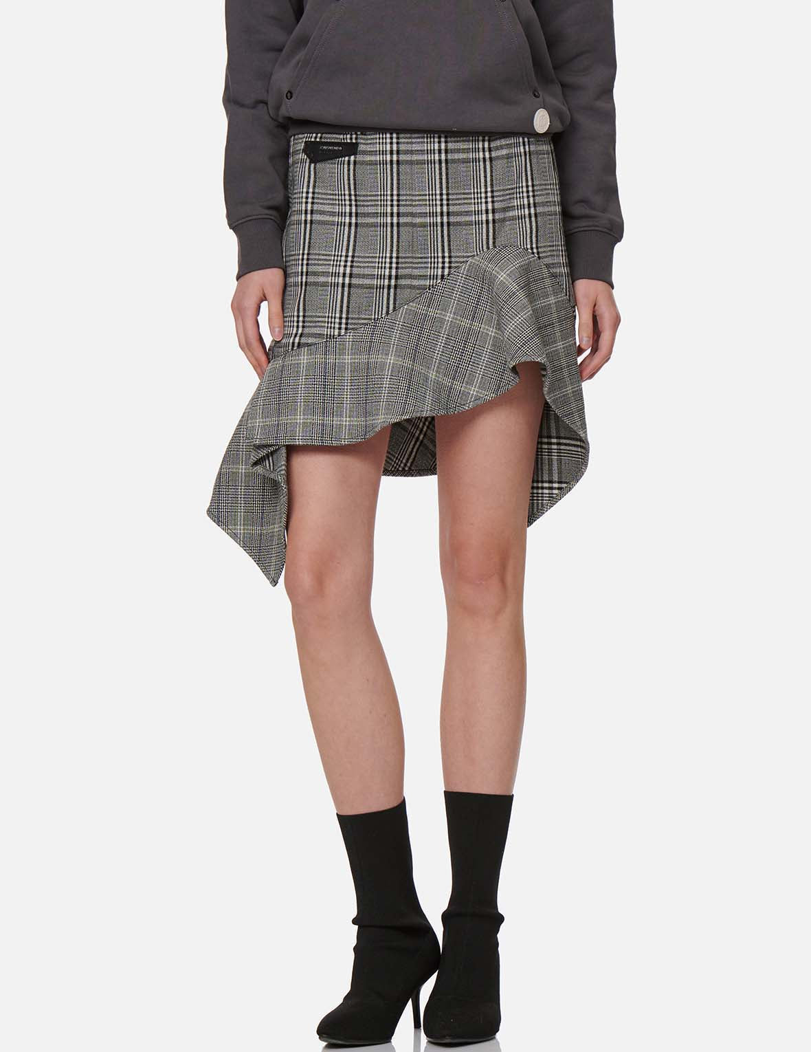 Asymmetric Ruffle Mixed Plaid Skirt