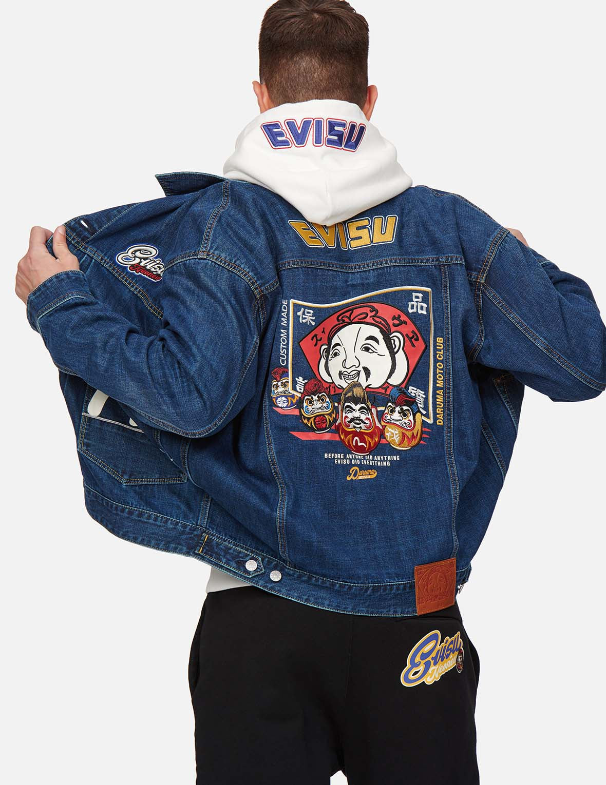 Godhead Flag and Daruma Embroidered Denim Jacket