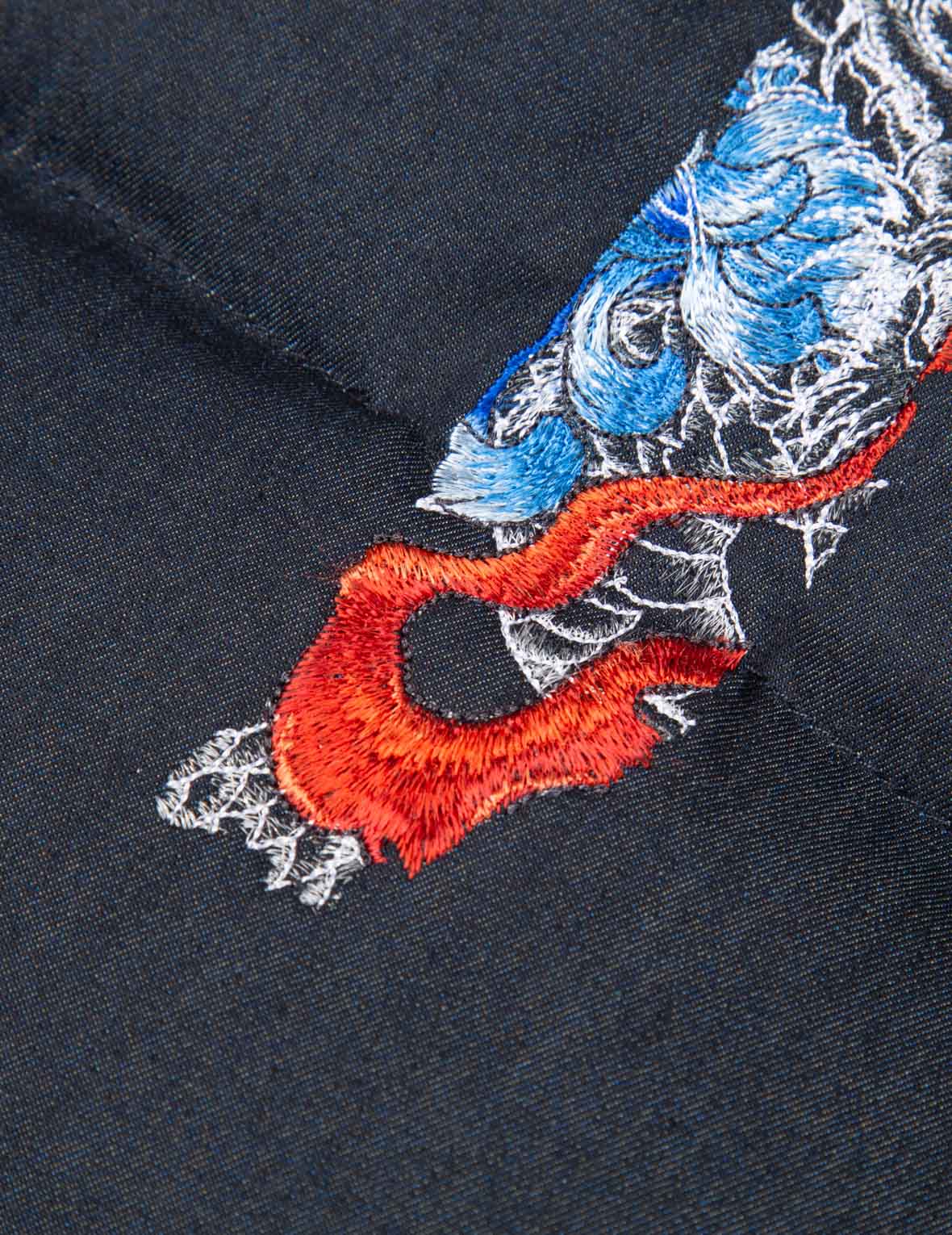 Dragon Motif Daicock Embroidery Reactive Denim Down Coat