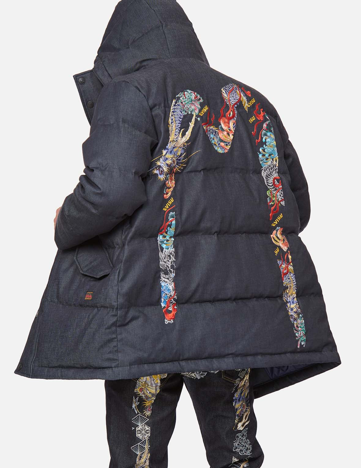 Dragon Motif Daicock Embroidery Reactive Denim Down Coat