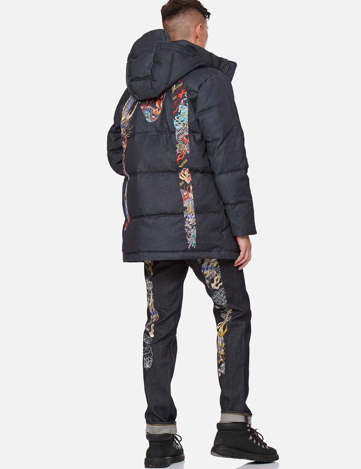 Dragon Motif Daicock Embroidery Reactive Denim Down Coat