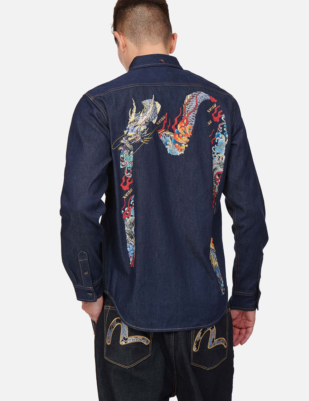 Dragon-embroidered Daicock Print Denim Shirt