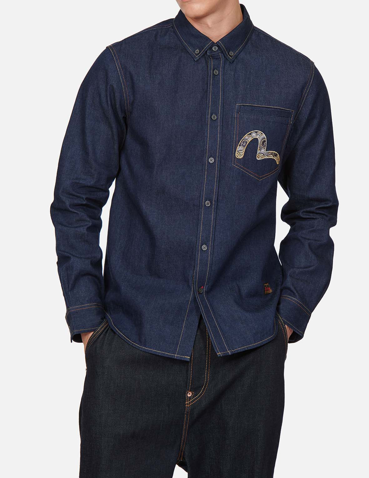 Dragon-embroidered Daicock Print Denim Shirt