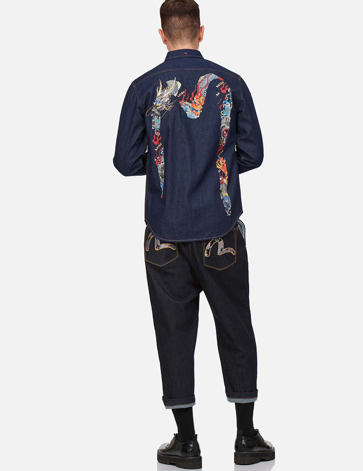 Dragon-embroidered Daicock Print Denim Shirt