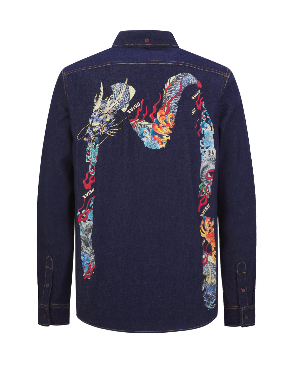 Dragon-embroidered Daicock Print Denim Shirt