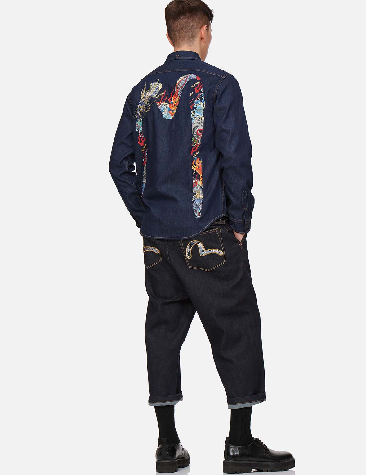 Dragon-embroidered Daicock Print Denim Shirt